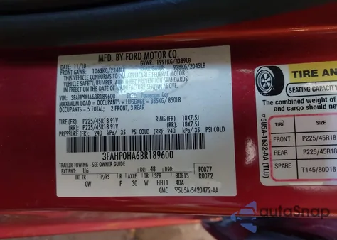 2011 Ford Fusion Se from USA, damaged, VIN 3FAHP0HA6BR189600